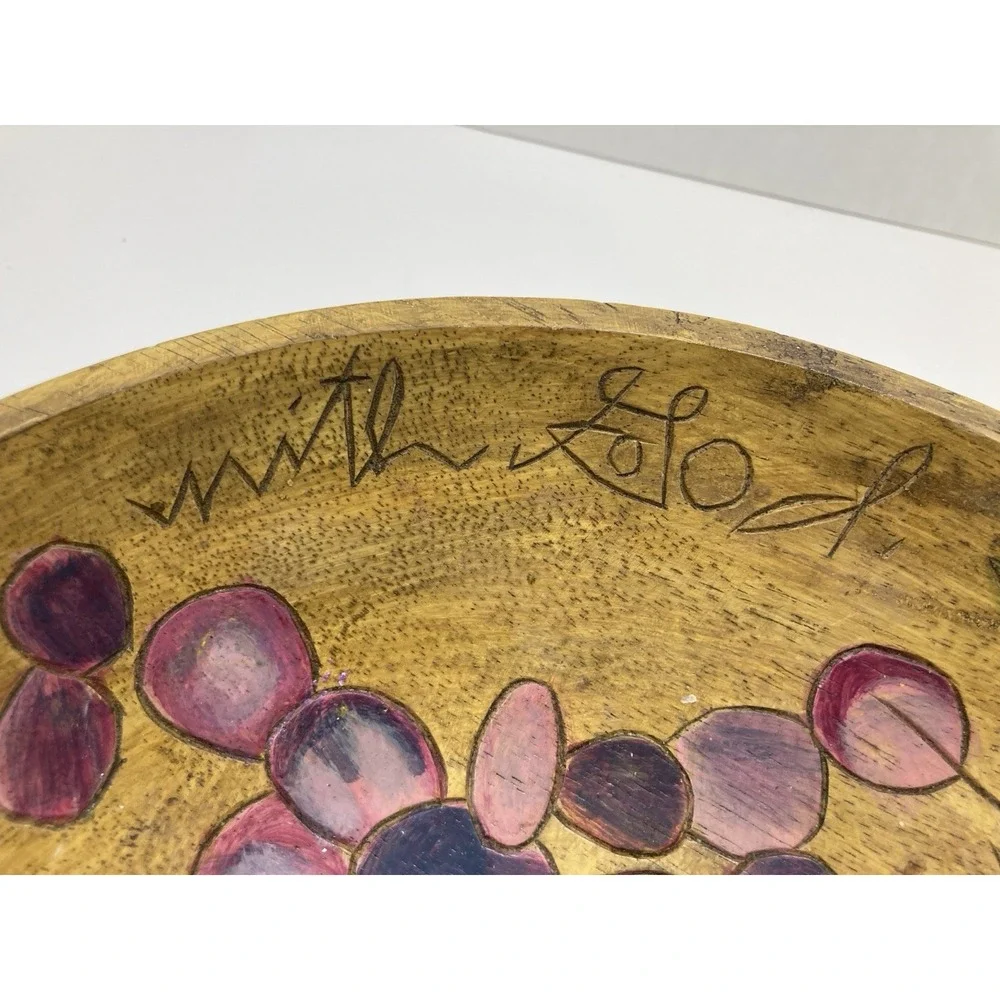 Vtg Hand Painted Wooden Fruit/Salad Bowl‎ Bible Verse Christain Grapes 10.5